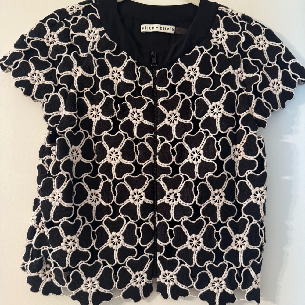 Alice + Olivia Black and White Embroidered Top